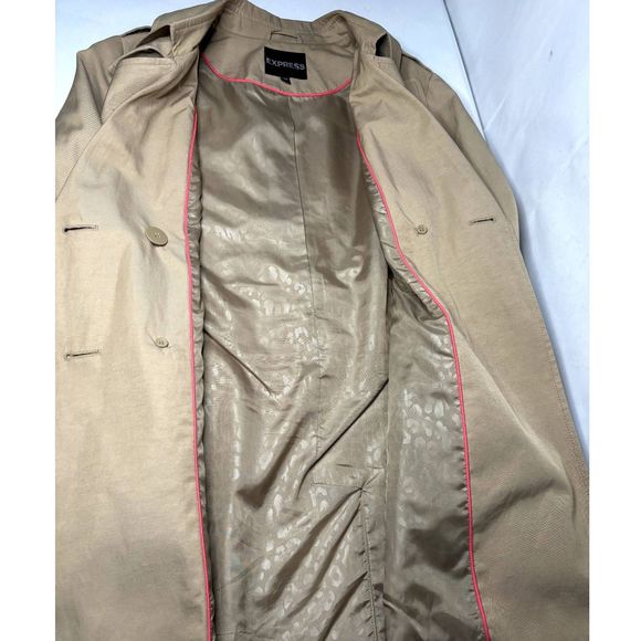 Express Womens Beige Trench Coat Jacket Functional Buttons Double Breasted - Picture 7 of 9